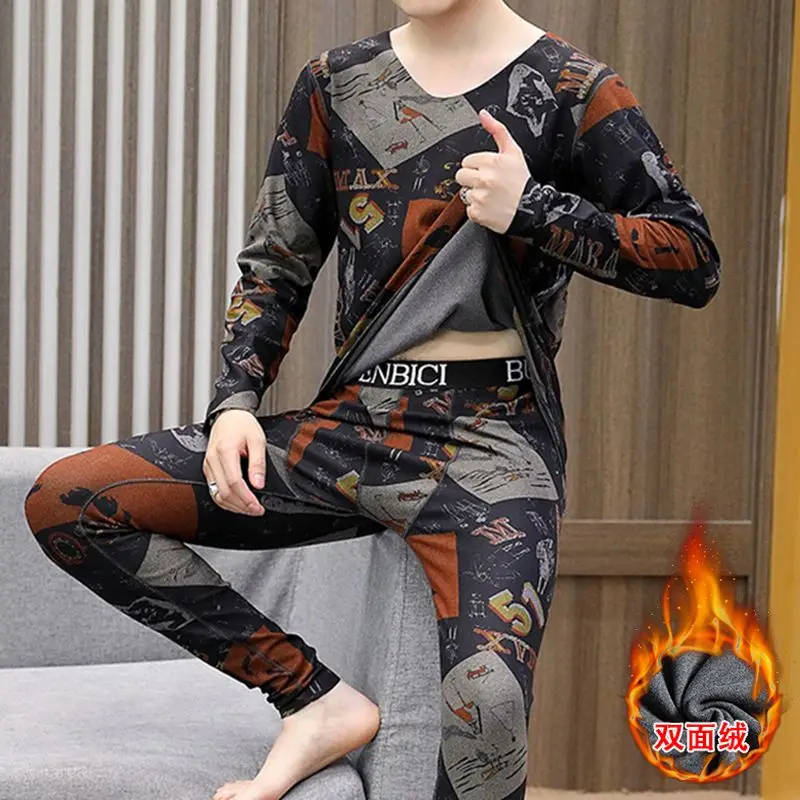 가을과 겨울 무봉제 따뜻한 속옷 남성용 양면 독일 벨벳 세트 청년용 브이넥 롱존 잠옷 세트