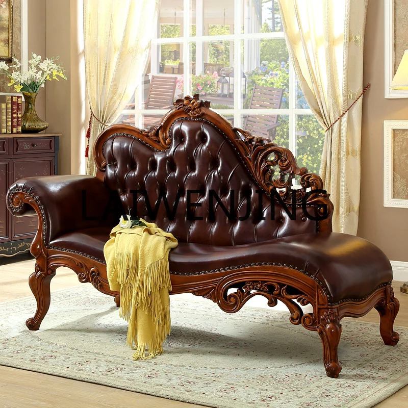 RWJ American-Style Solid Wood Leather Chaise Longue Bedroom Single Sofa