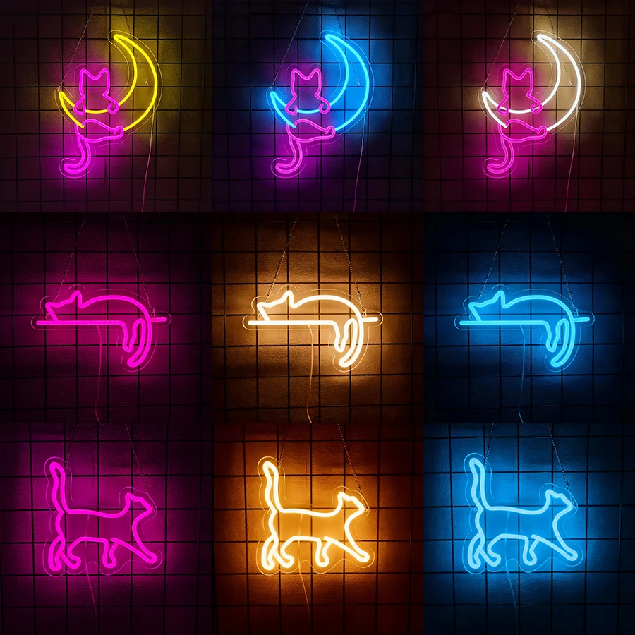 Anime Cat & Moon Neon Sign,Cat LED Lights Decor Animal,Usb Light up Signs for Kids or Girls Room Decorations Bedroom Wall Decor