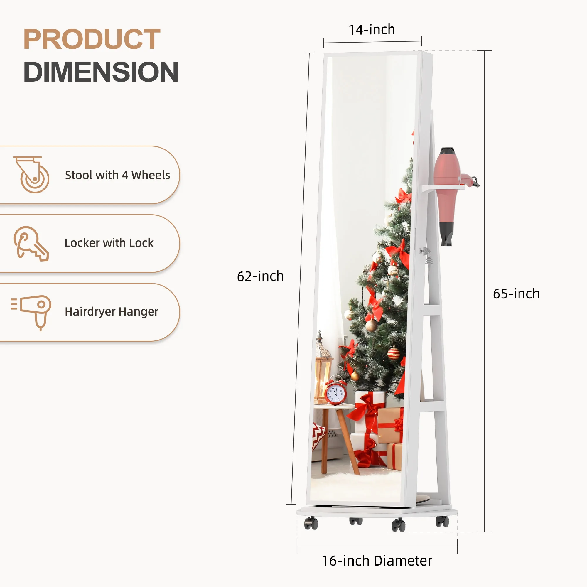 مرآة كاملة الطول مع مساحة تخزين المجوهرات، 360 درجة °   منظم خزانة المجوهرات الدوارة مع أضواء، خزانة مجوهرات بمرآة قابلة للقفل