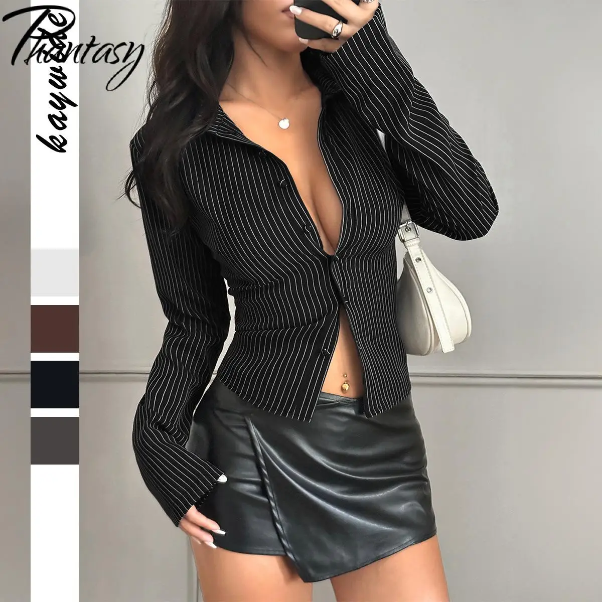 Phantasy Vintage Office Lady Sexy Blouses Tops Lange Mouwen Vrouwen Shirt Spice Girls Stijl Gestreept Single-Breasted Button shirt