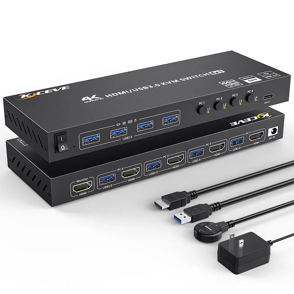 

USB 3.0 KVM Switch HDMI 4 Port Support 4K@60Hz 2K@120Hz RGB 4:4:4 Simulation EDID, HDMI USB Switch 4 in 1 Out and 4 USB 3.0 Port