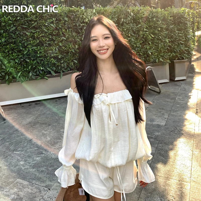 

ReddaChic One Shoulder Top Short Set Solid Bandage Ruffled Long Sleeves Blouse Wide Leg Casual Shorts Vacation Summer Clothes