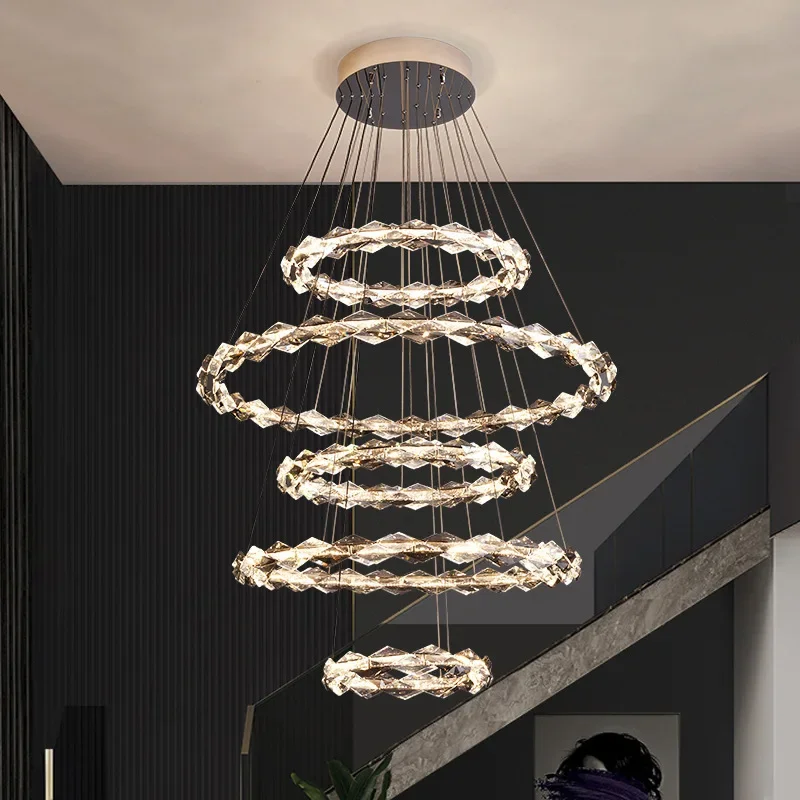 

Modern LED Luxury Rings Chandeliers K9 Crystal Hanging Pendant Light Living Room Hall Villa Decor Lamp Suspension Lustre