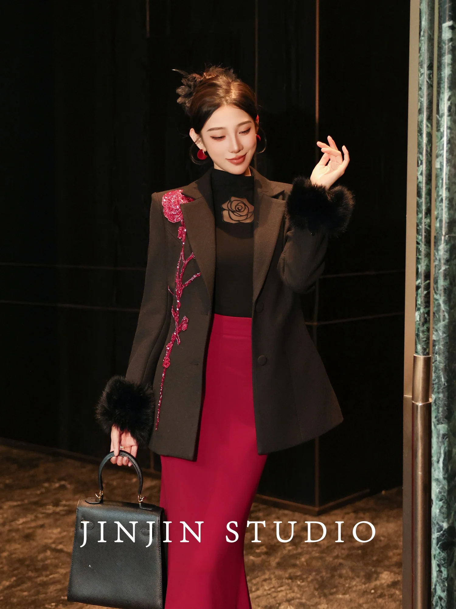 

Оригинальный костюм MD с тяжелой вышивкой в виде роз, пиджак с высокой талией, длинными рукавами, из полиэфирного волокна, устойчивый к сминанию