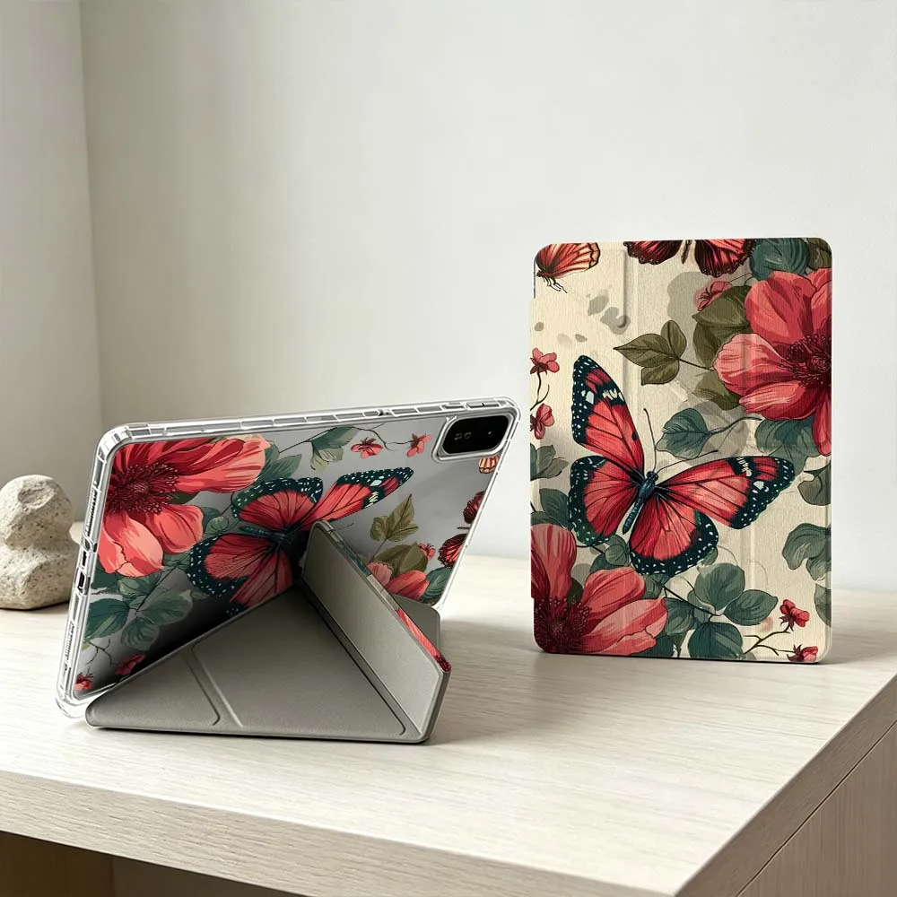Artistic Red Butterfly Flowers Soft For Xiaomi Mi Pad 8 7 6 5 Pro Redmi Pad SE 2 Poco Pad Foldable 3Y Tablet Case