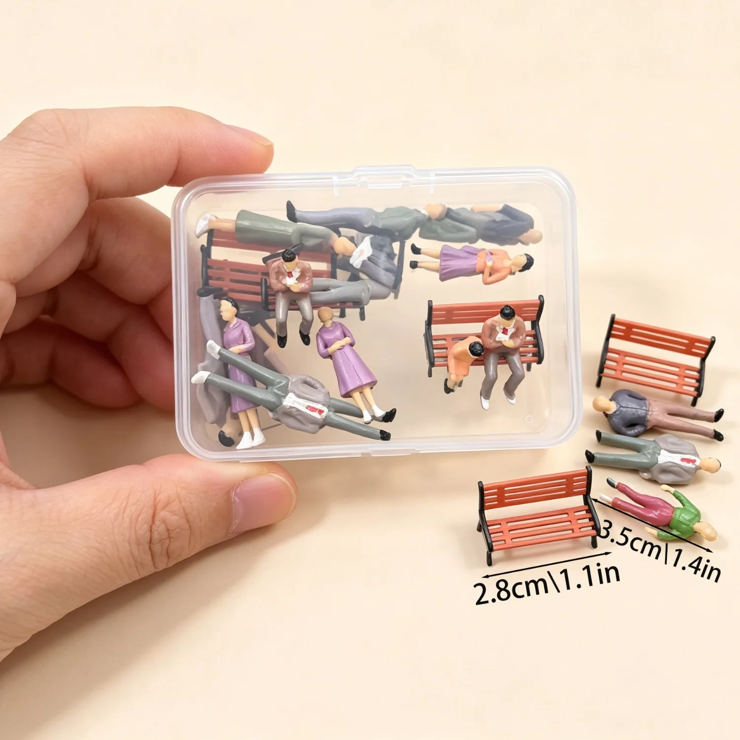 26Pcs Miniature People with Park Bench Set, 1:50 Scale Hand Painted Figurines, Dollhouse Diorama Architecture Model Decor