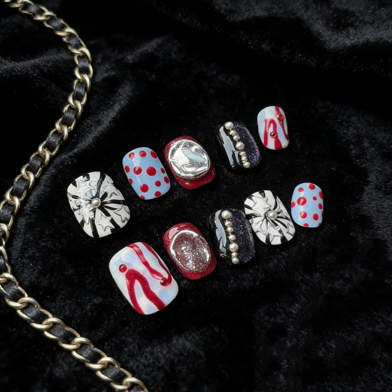 

10Pcs Handmade Nail Short-Length 3D Bead Design Mirror Pink Pure Hand-Painted Press-On Nails Perfect Gift for Women and Friends