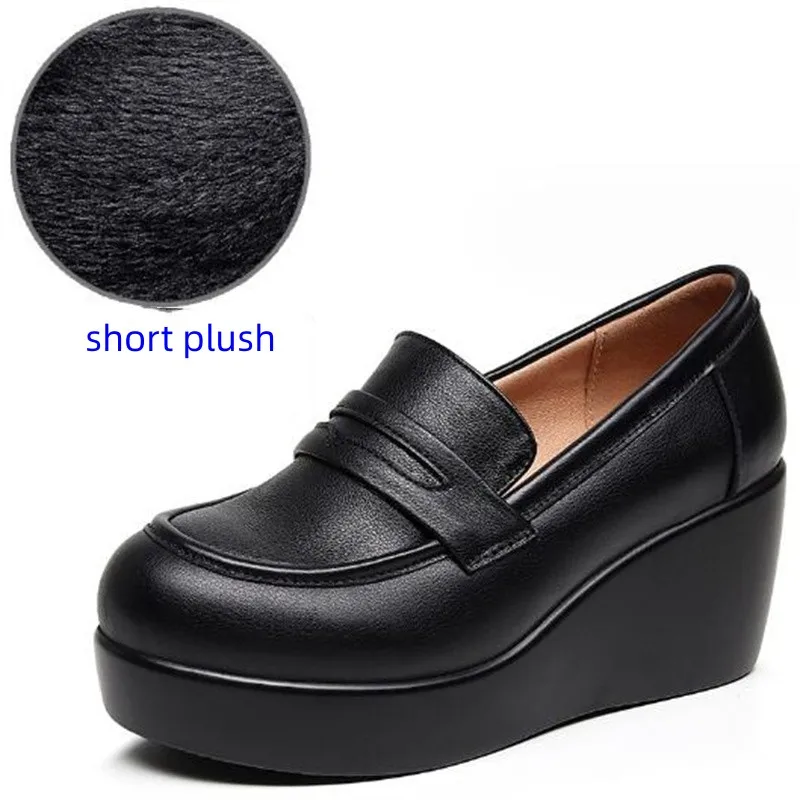 GKTINOO 2024 Genuine Leather Black Shoes Platform Thick Sole Wedges Shoes Woman Heightening Shoes Plus Velvet Winter Shoes