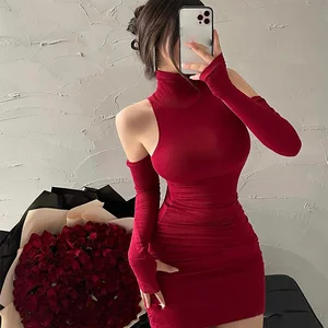 المرأة مثير فستان مصغرة Oversleeve مطوي Bodycon اللباس عالية الرقبة الخريف أسود لامع حزب مرن دبابة الورك التفاف النادي فساتين أفضل 8 متجر إكسسوارات مثير مبيعا - رقم 7