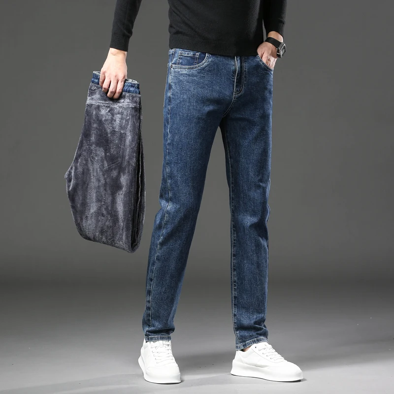 Men\'s Warm Fleece Jeans Winter New Thick Velvet Slim Fit Business Casual Pants Classic Black Blue Elastic Cotton Denim Pants