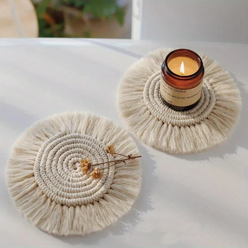 

2PC Round Cotton Braid Coaster Tassel Placemat Handmade Macrame Cup Cushion Bohemia Style Non-slip Cup Mat Coffee Pad Table Deco
