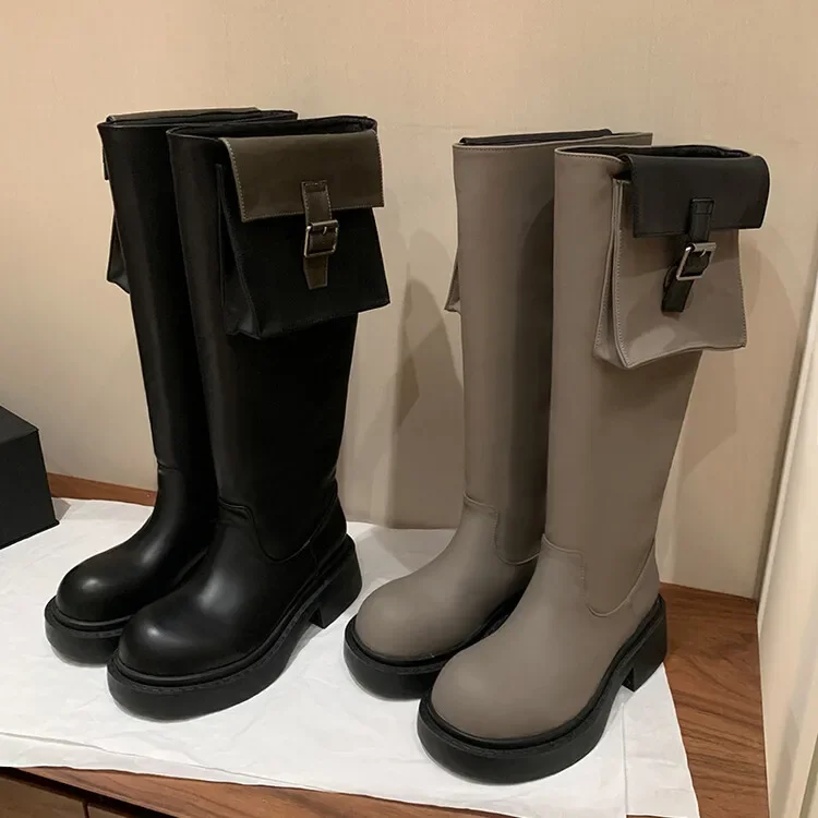 

Brand Design Leather Custom Tooling Pocket Locomotive Boots Retro Round Head Square Heel Height Increase Sexy Women's Boots