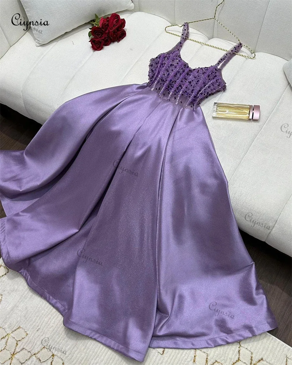 Ciynsia Customized Exquisite Crystal A-Line Evening Gowns Black Formal Ocassion Gown Spaghetti Straps Satin Lilac Prom Dress