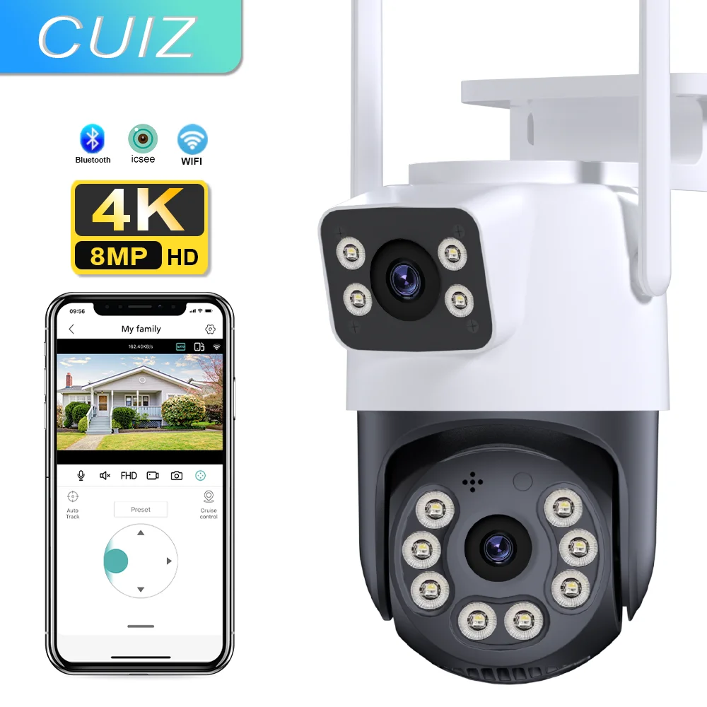 Outdoor Wifi PTZ Camera 8MP Dual Lens Dual Screen AI Auto Tracking IP Video Surveillance Camera CCTV Two Way Audio