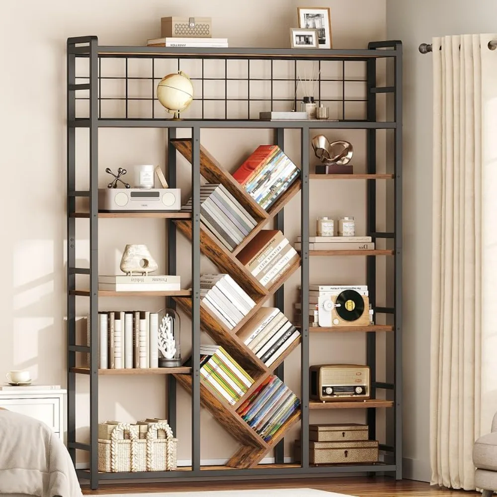 

Industrial Style 7-Tier Large Bookshelf with 20 Open Shelves, Modern Tree-Shaped Metal Frame Bookcase