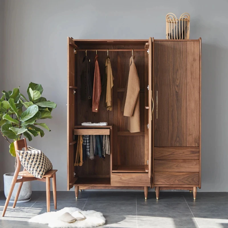 custom.Modern Solid Walnut Wood Wardrobe Set Wave Texture Panel Armoire with Drawers & High, Minimalist Closet Storage
