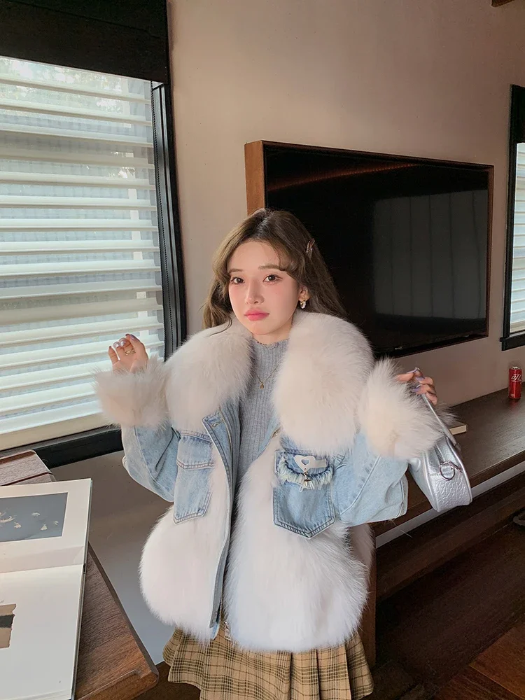 

(Fox Beauty) New Fox Fur Denim Goose Down Inner Lining Pie Overcomes Young Style Jacket