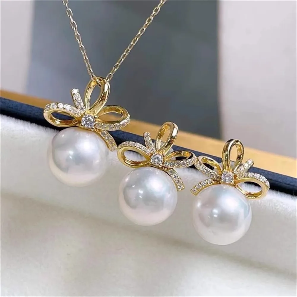 

DIY Accessories 18K Bag Gold Copper Thick Gold-plated Bow Pearl Pendant Silver Needle Stud Earrings Set 10-15mm