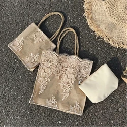 New Straw Handbag Travel Holiday Beach Bag Lace Flower Bag Fashionable Women's Large Bucket Shopping Bag