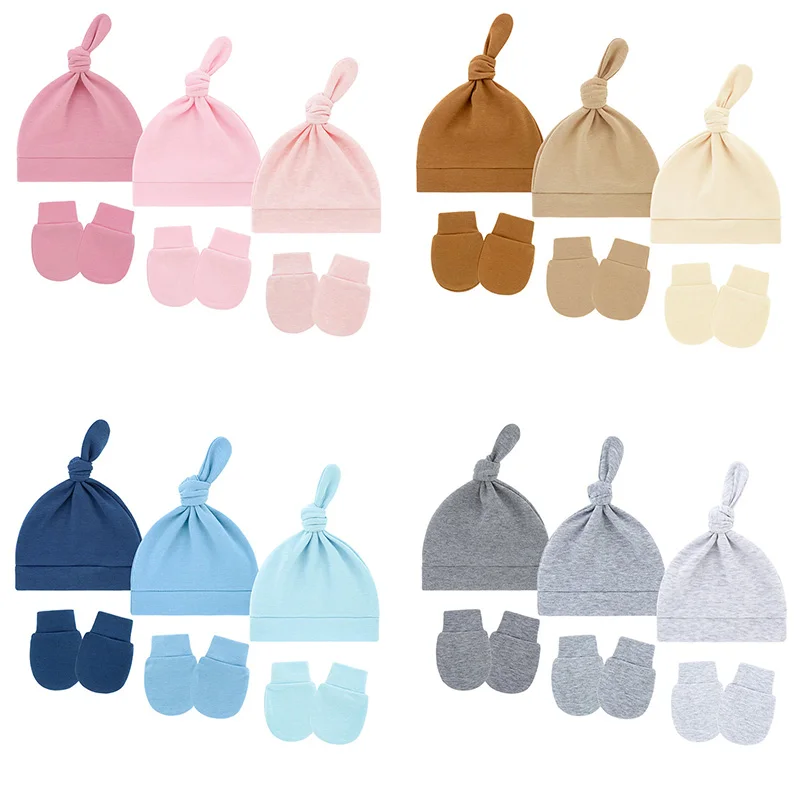 

Детская шапка, комплект перчаток, однотонная шапочка для новорожденных с завязками, хлопковые всесезонные шапки для мальчиков и девочек, защитные перчатки для лица, 3 компл./лот