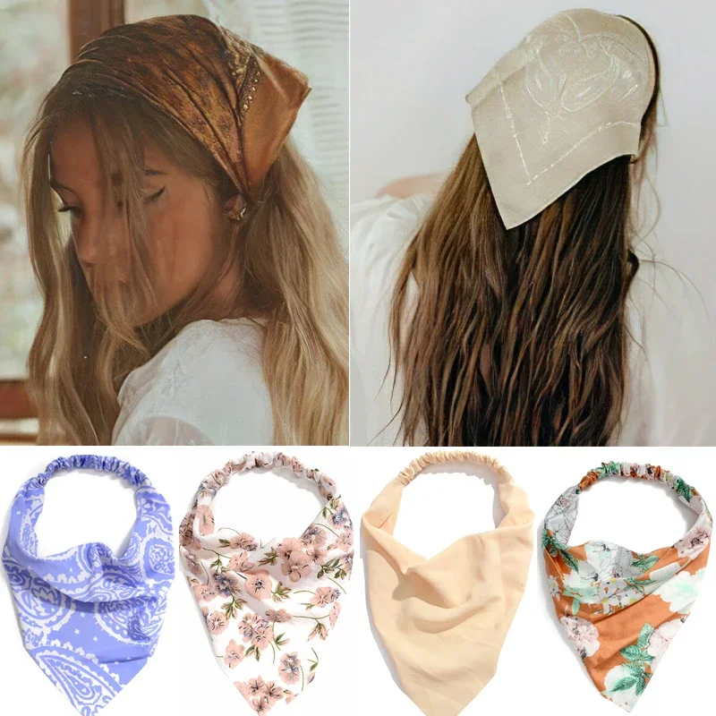 

2022 Summer Vintage Print Flower Beach Bandana Hair Scarf Fashion Elastic Rubber Headbands for Women Girl Hair Accessories