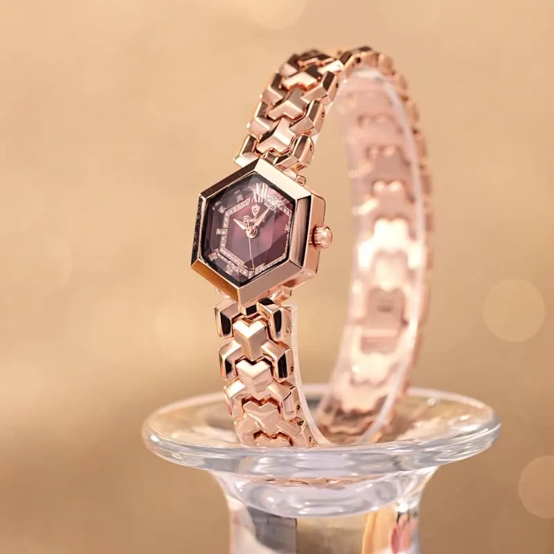 Women's Watch Light Luxury Hexagonal Dial Diamond Glass Rose Gold Bracelet Quartz Waterproof Ladies Watches