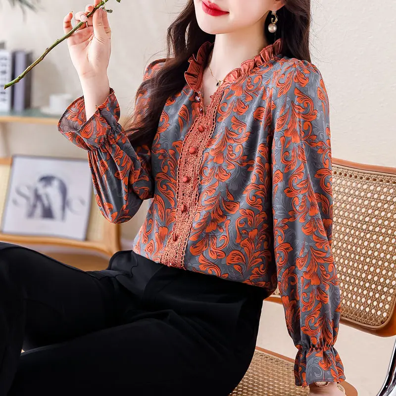 2024 New Summer Oversized High Waist Bohemian Casual Women\'s Shirt Korean Style Button Lotus Leaf Collar Long Sleeve Chic Tops