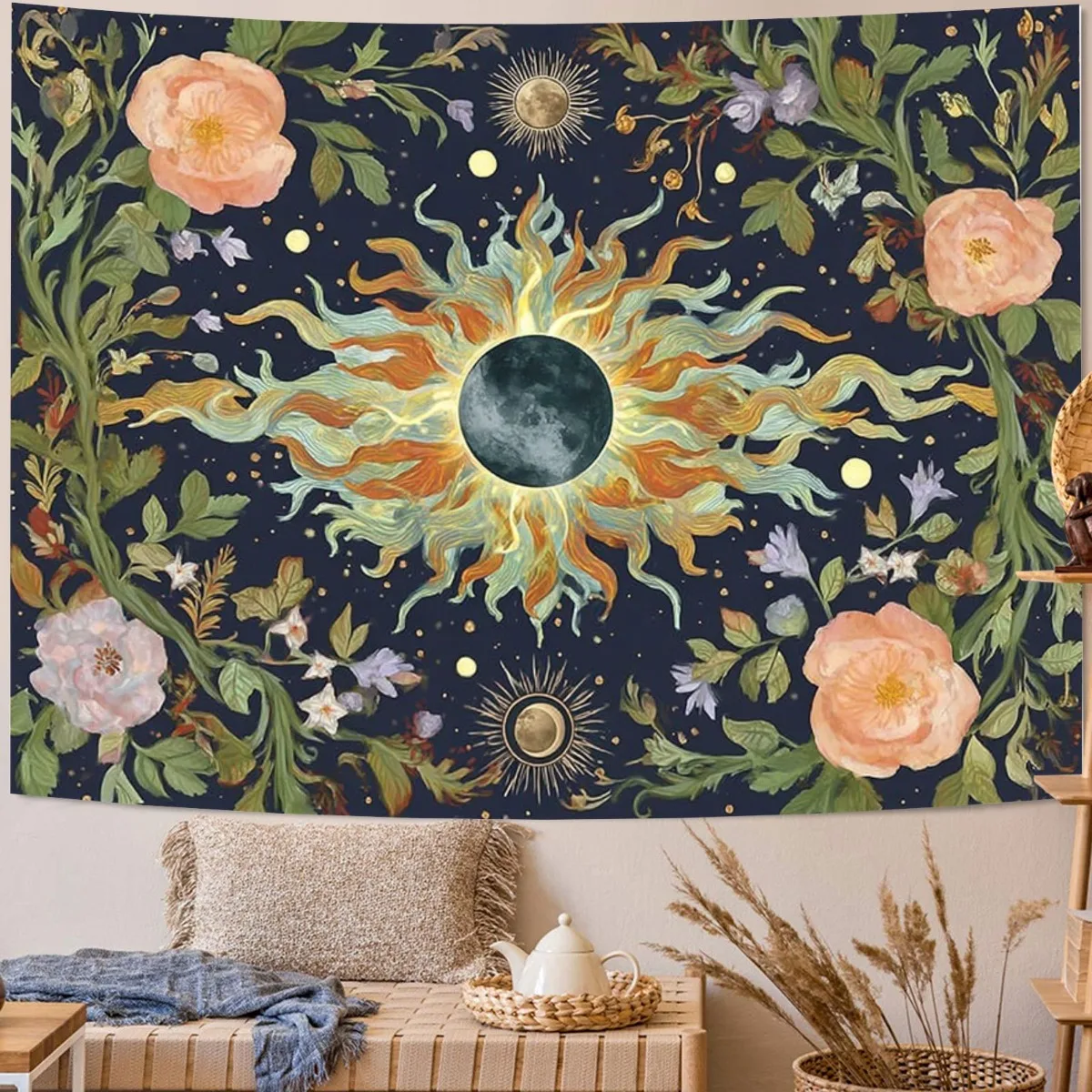 Gran Tapiz Bohemio de Sol y Luna para Colgar en la Pared - Decoración Vintage Cósmica de Día y Noche con Sol, Luna, Estrellas y