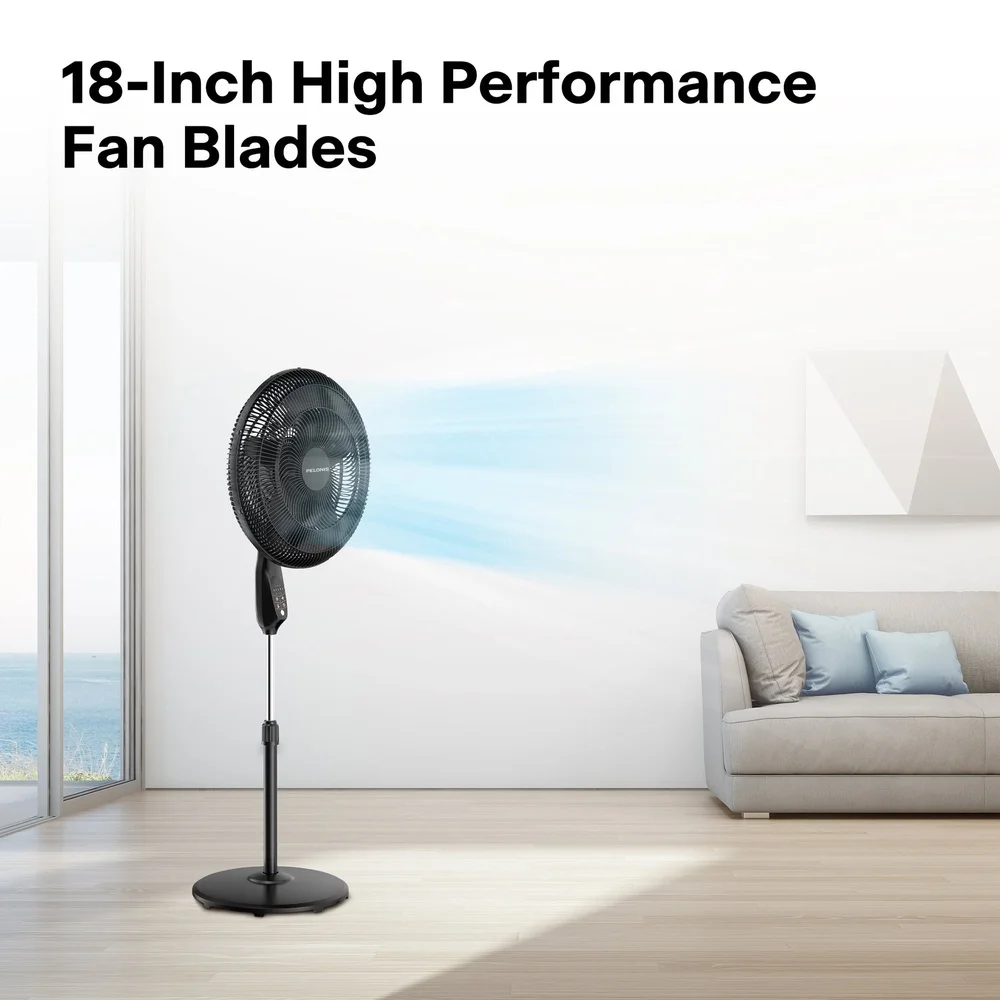 مروحة بقاعدة عالية السرعة مقاس 18 بوصة، 5 إعدادات للسرعة، 5 مؤقت متأرجح شفرات، ارتفاع قابل للتعديل مع شاشة LED وإمالة
