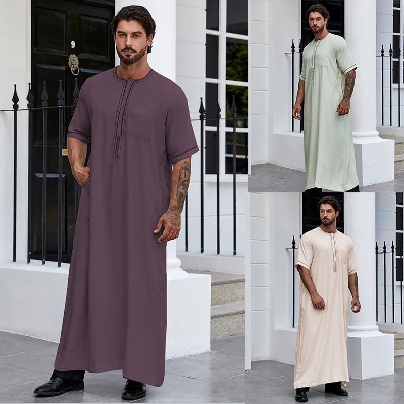 Ramadan islam Men's Muslim Long Sleeve Henley Shirts With Pocket Kaftan Abaya Arabic Long Gown Thobe Robe For Men