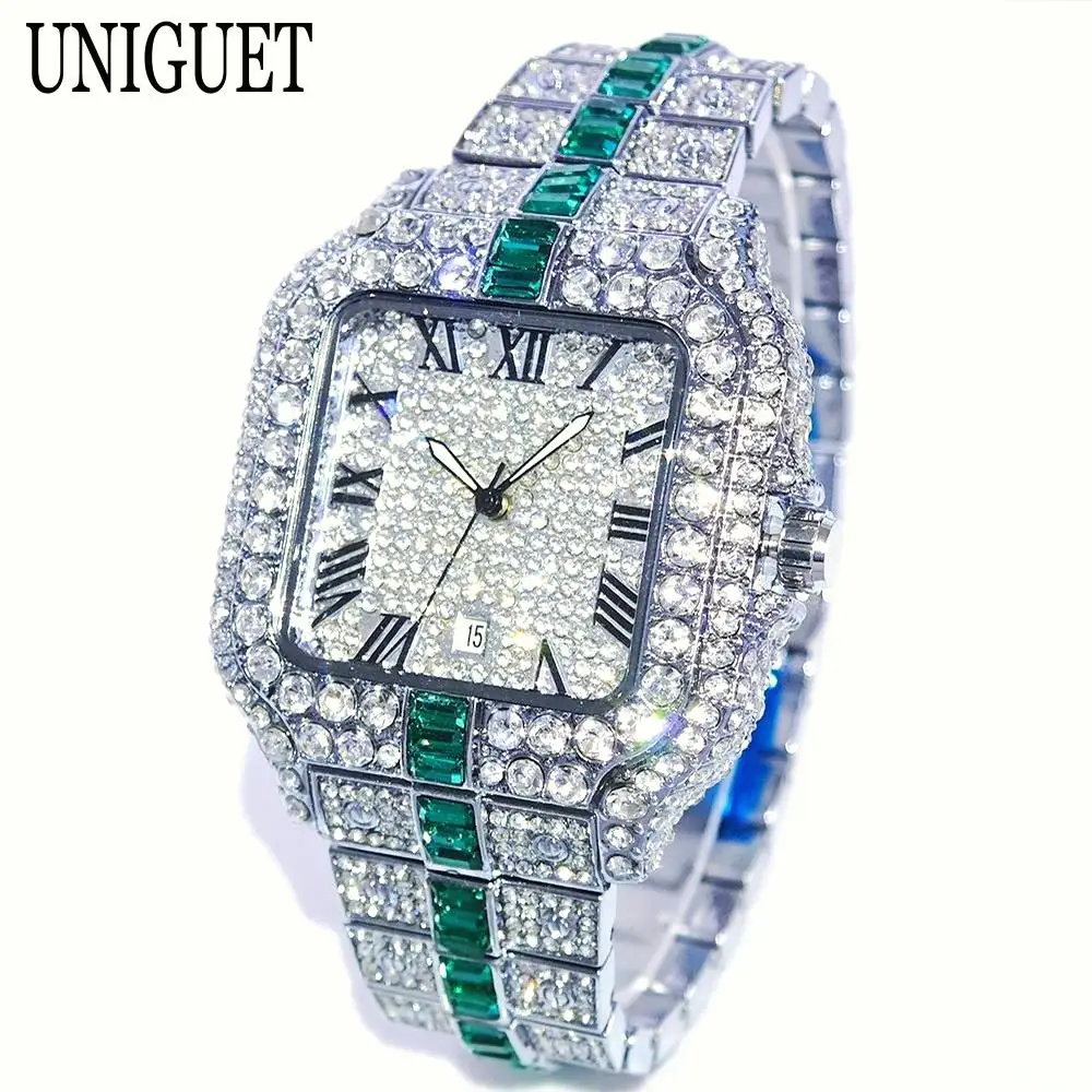 

2025 Top Fashion Square Men's Watches Luxury Hip Hop Green Ice Diamond Watch Strap Quartz Wristwatch New Hot Sell Male Accessory