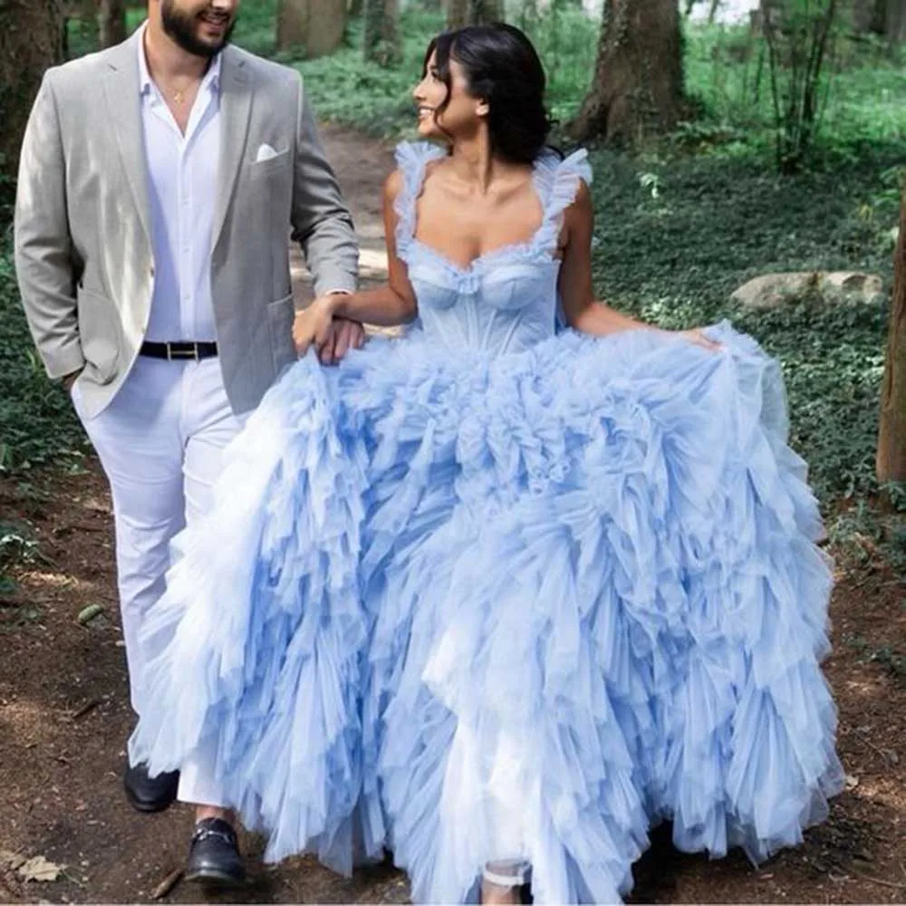 Exquisitos vestidos de fiesta de boda en azul y blanco, escote en forma de corazón, tirantes finos, largo hasta el suelo, corte en A, vestidos de fiesta de noche de alta calidad para mujer