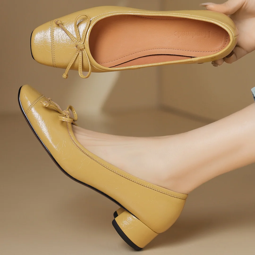 

Women's sheepskin square toe sweet bowtie slip-on pumps 3.5cm thick low heel elegant ladies slim daily dress heeled shoes woman