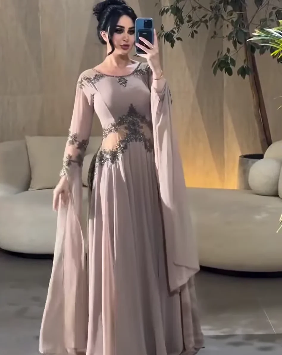 

Flowy A Line Chiffon Beading Prom Dresses Long 2025 Crew Neckline Long Sleeve Crystal Formal Evening Gowns Customized
