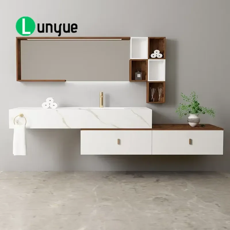 Wall Mounted Bathroom Vanity Set Asymmetrical Walnut White Texture Countertop LED Backlit Mirror Gold Hardware Open Shelf