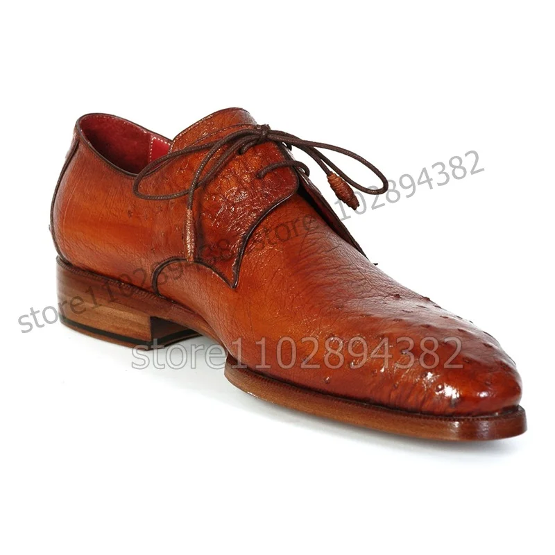 Brown Ostrich Pattern Square Toe Strappy Men Derby Shoes Fashion Lace up Men Shoes Luxury Handmade Party Banquet Men Dress Shoes