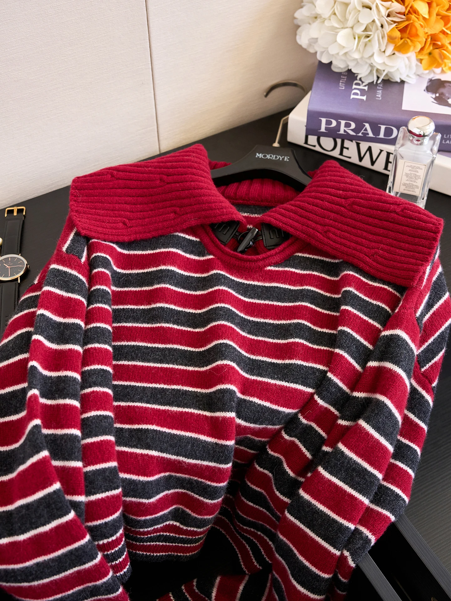 

00% Wool Red Striped Knit Sweater with Large Doll Collar Commute Sle Outerwear Women's Soft Warm Long Sve Winter Faion