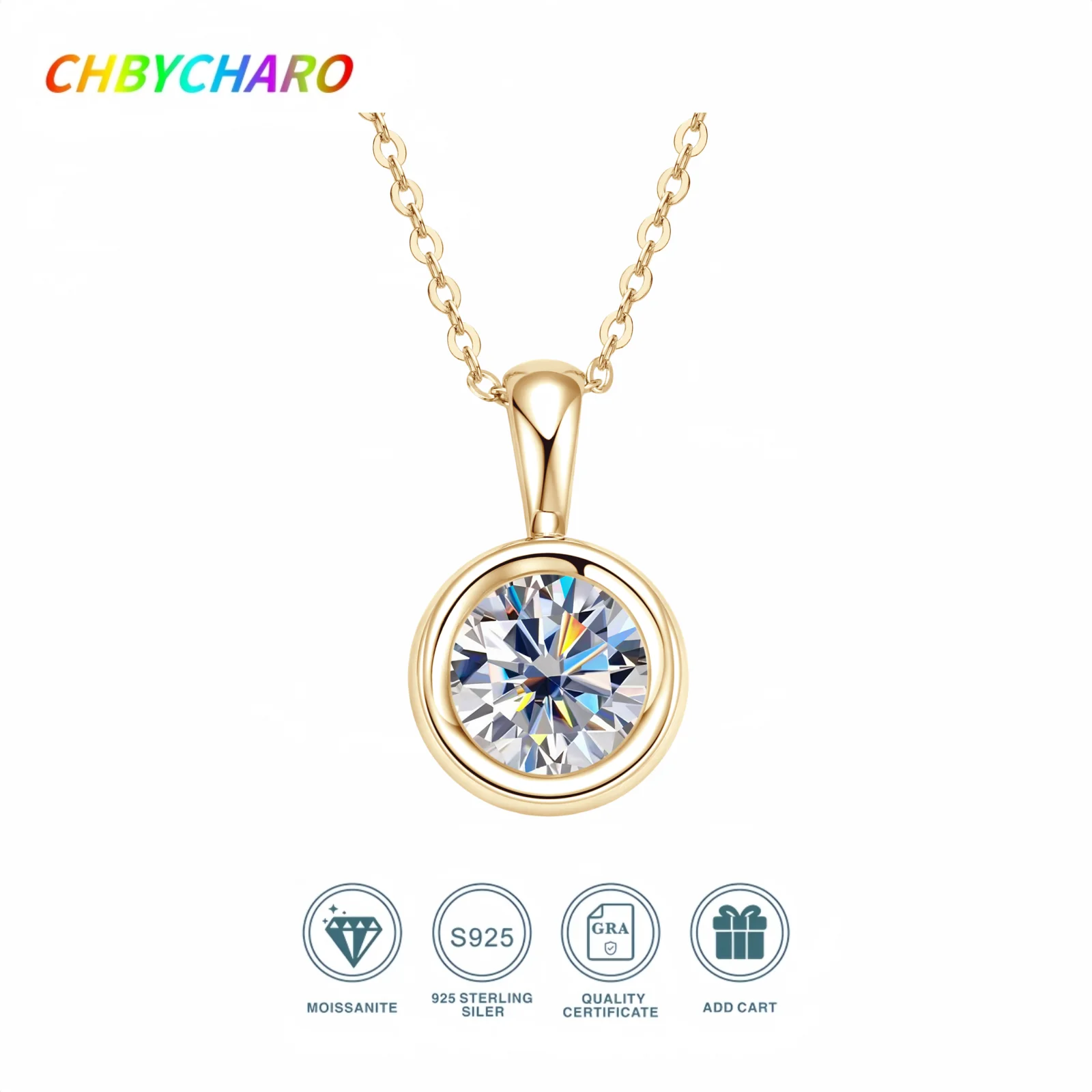 CHBYCHARO 8.0mm D-color VVS1 2-carat Moissanite Necklace Women's Fashion Round Pendant 925 Silver Plated Gold Boutique Jewelry