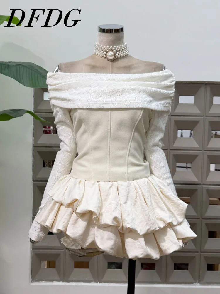 

DFDG женский весенний белый комплект с открытыми плечами и рюшами, многослойная юбка с длинными рукавами, элегантный повседневный модный женский модный комплект 2025 года