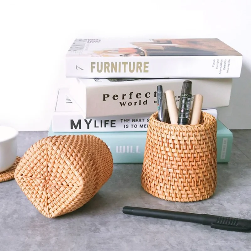 Caixa de armazenamento de rattan artesanal caneta cosmética titular acessórios de cerimônia de chá utensílios de mesa decoração de armazenamento