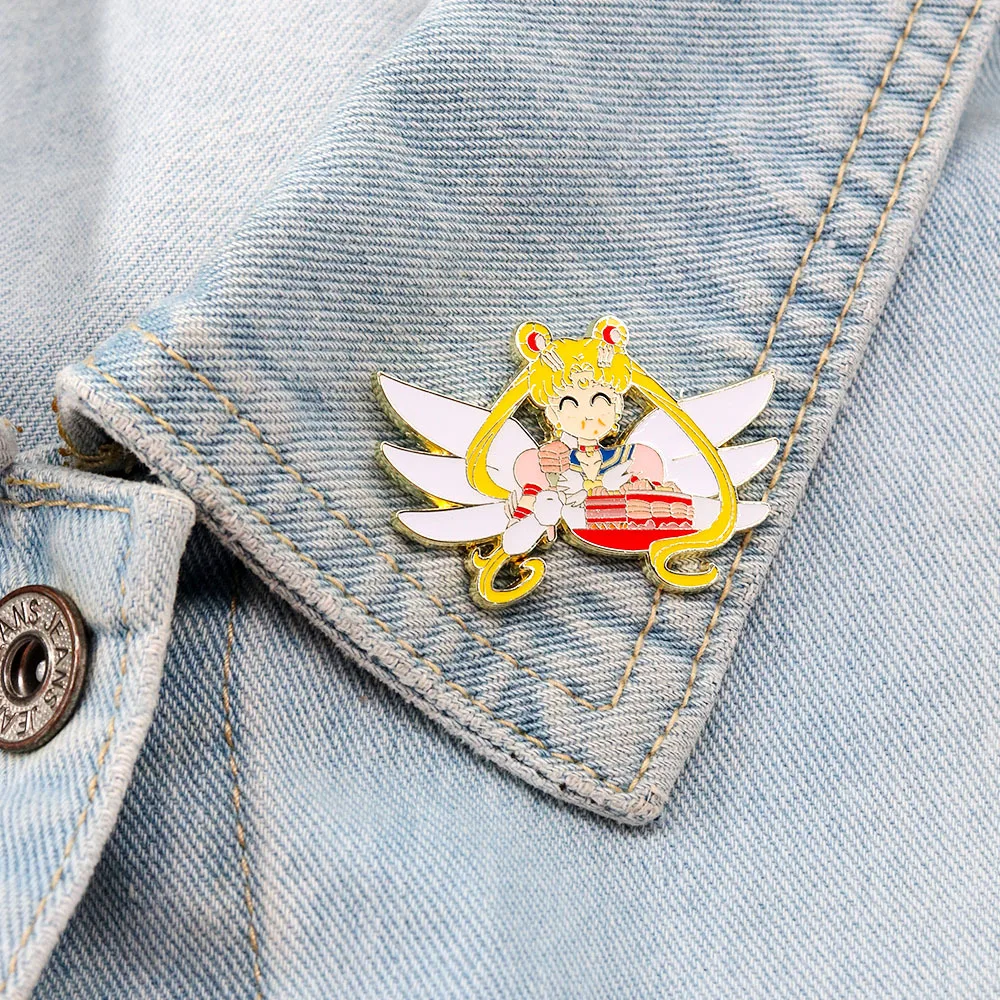 Cartoon meisje eten taart Anime emaille pin schattig rollenspel broche rugzak kraag decoratie