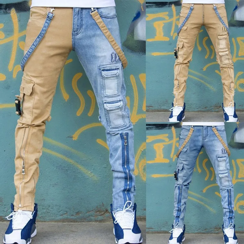 

High Quality Men’s Street Fashion Moto&Biker Jeans Pants,Multi-pockets Two Colors Decors Jeans,Youth Trendy Sexy Pants;