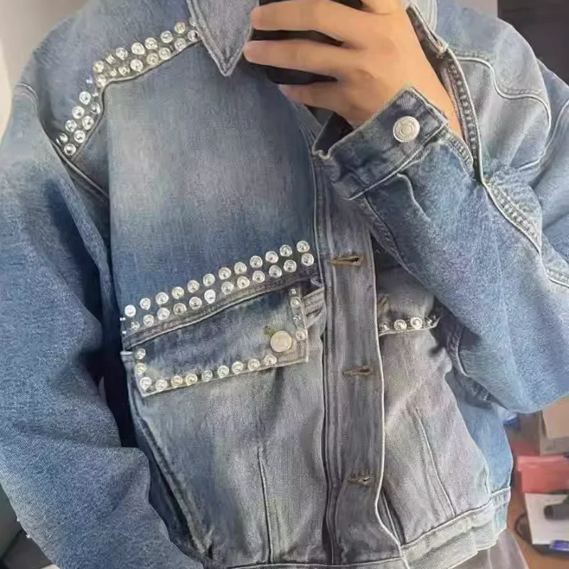 

New Style Streetwear Rose Men Denim Jacket Studded Washed and Distressed Jacket Higher Quality Women Casual Outwear