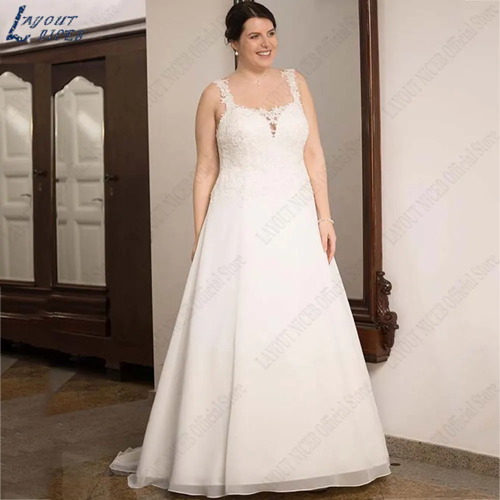 LAYOUT NICEB Square Neck Plus Size Wedding Dresses Appliques Lace Bridal Gowns Back Lace Up Backless Sleeveless robes de mariée