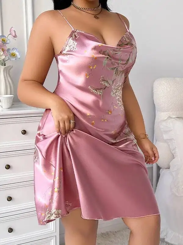 Nowa piżama damska plus size z nadrukiem, imitacja jedwabiu, seksowna sukienka na ramiączkach z poliestru, bez pleców, odzież domowa, codzienna odzież do spania AIBP