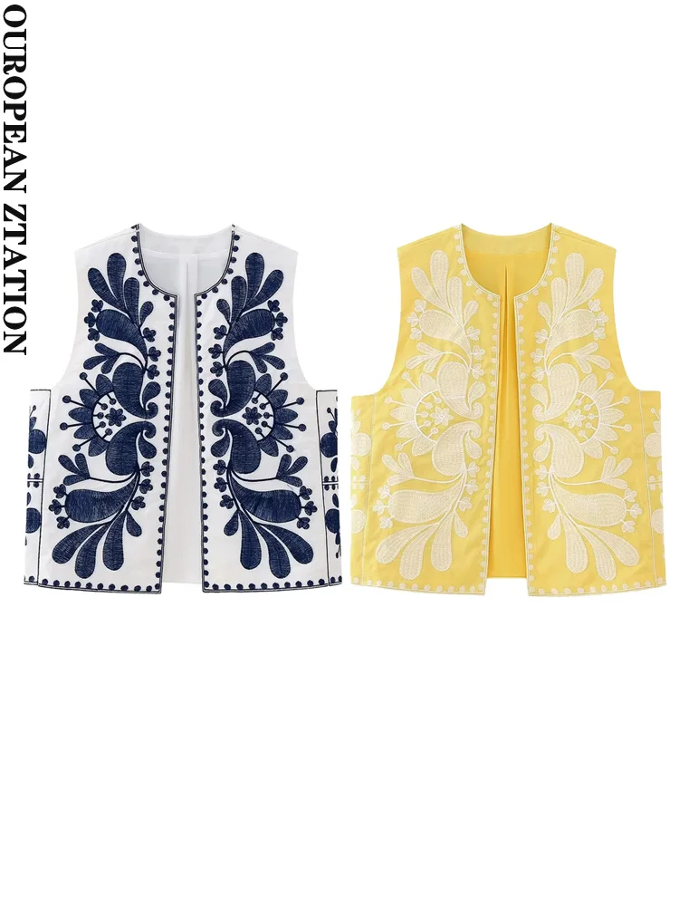 

PAILETE Women 2023 fashion contrast embroidery open waistcoat vintage o neck sleeveless female outerwear chic vest tops