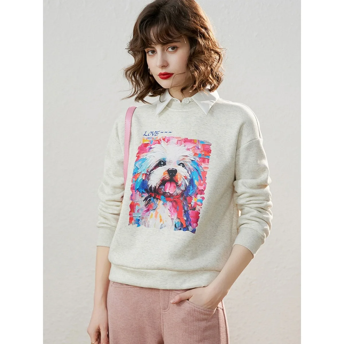 LOUIS YAO Fashionable Printed Women's Long Sleeve Sweatshirts 2025 Winter Thick Fleece Round Neck Hoodie Chic Street Woman Tops