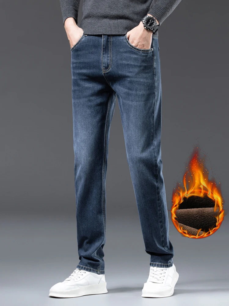سميكة الصوف الجينز الرجال الشتاء مستقيم موضة عادية المخملية بنطلون مريح سليم العلامة التجارية الدافئة أفخم سراويل جينز #3
