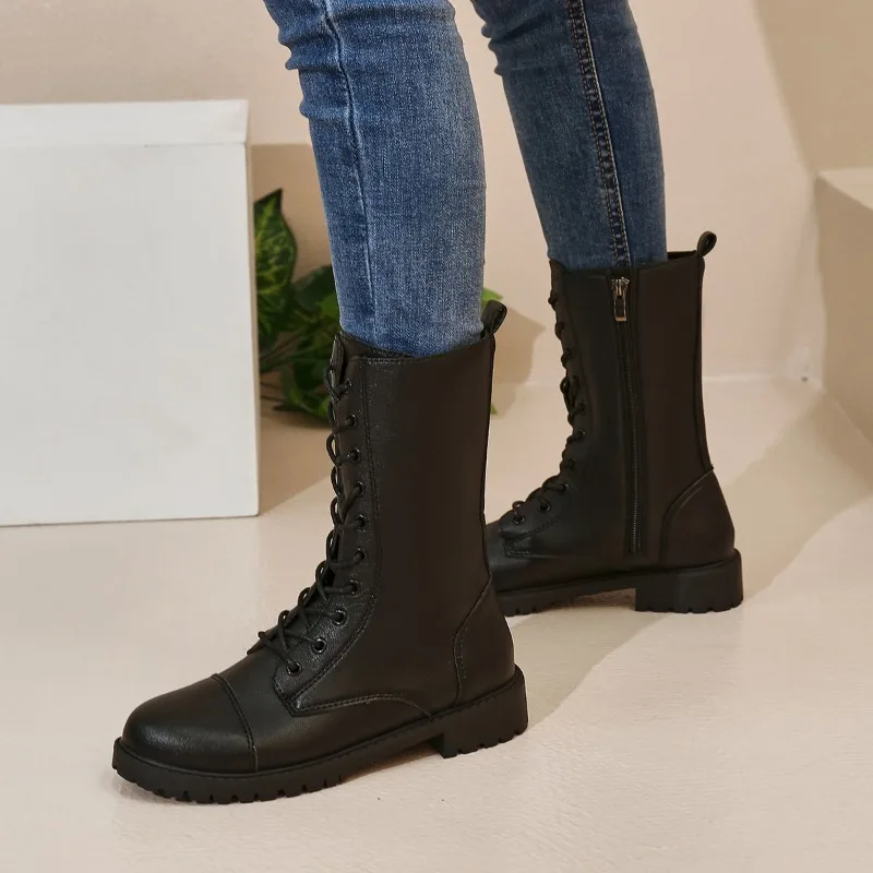 Women's Shoes Fashionable Lace-up Zipper Women's Boots Autumn Round Toe Solid Color Short Tube Low Heel All-match Boots